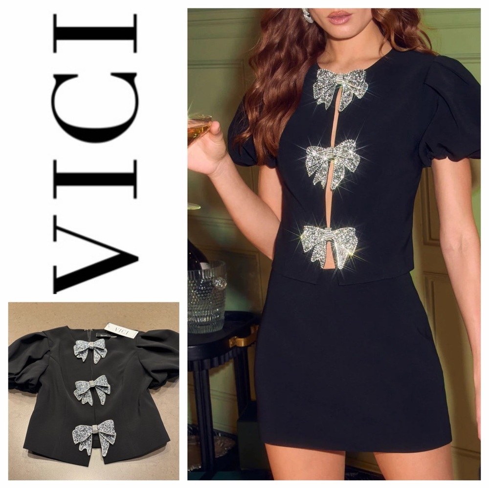 NWT VICI Merry Hour Embellished Bow Top Sz: XS